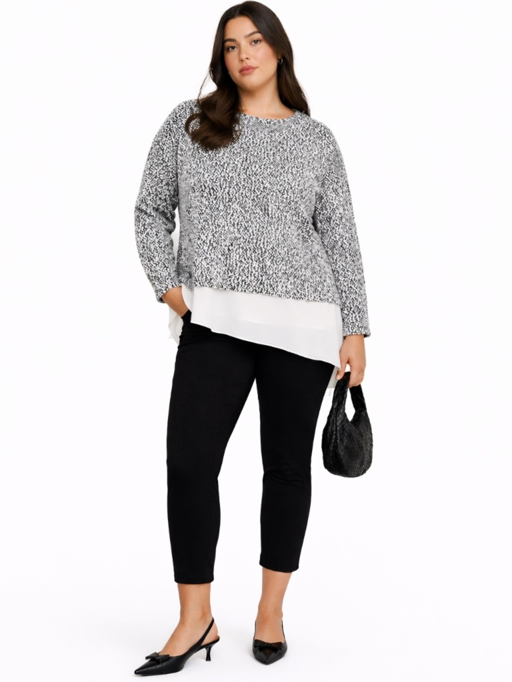 Suzy Black & White Popcorn Knit Sweater Asymmetrical Blouse Trim – Size XL NWoT